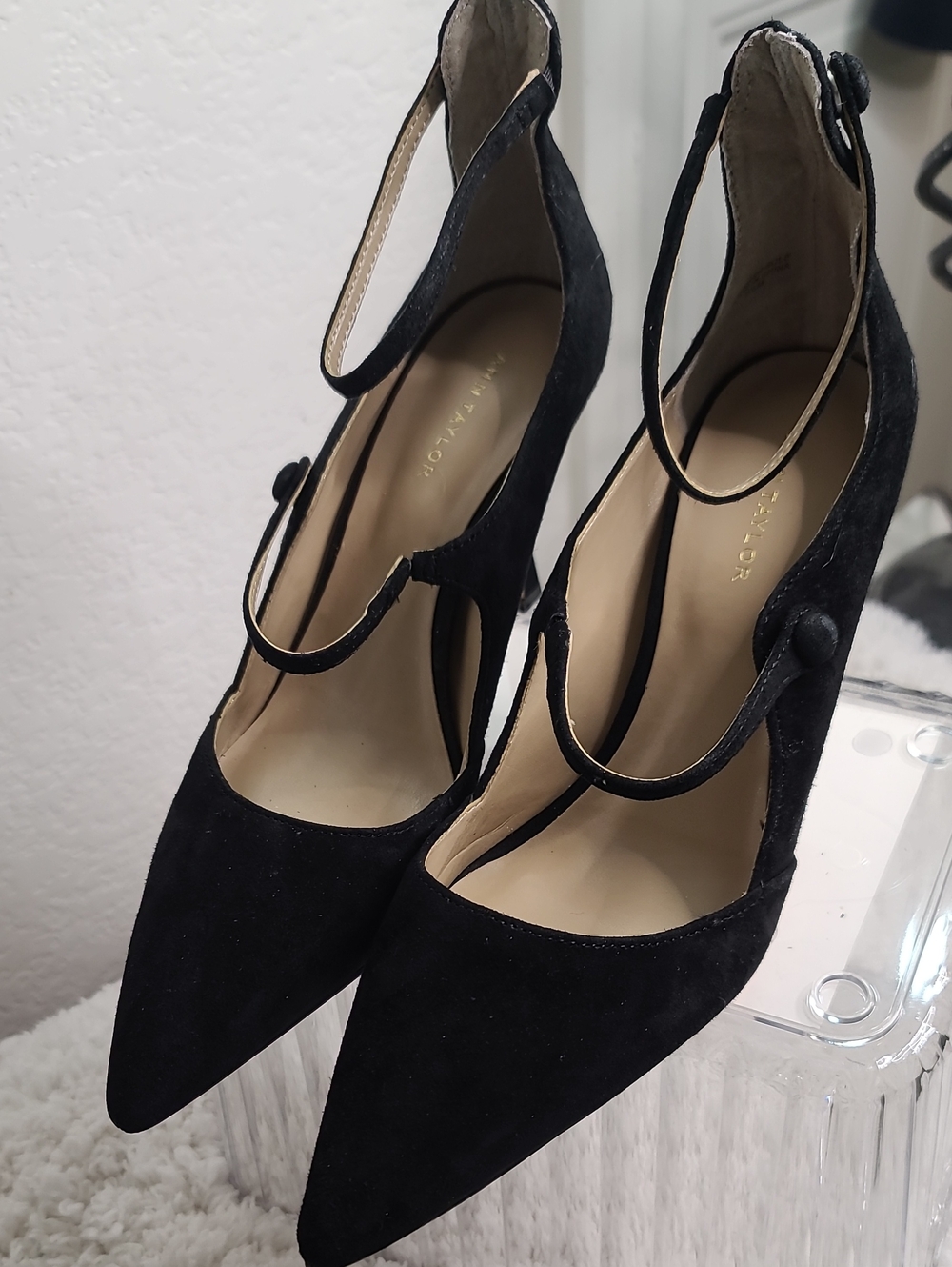 Ann Taylor Black Suede Pointed Mary-Jane Ankle-Strap Heels